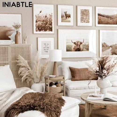 Nordic Reed Grass Plant Autumn Landscape Nature Wall Art Cow Fox Animal Poster Sunrise Canvas Painting Picture Room Home Decor