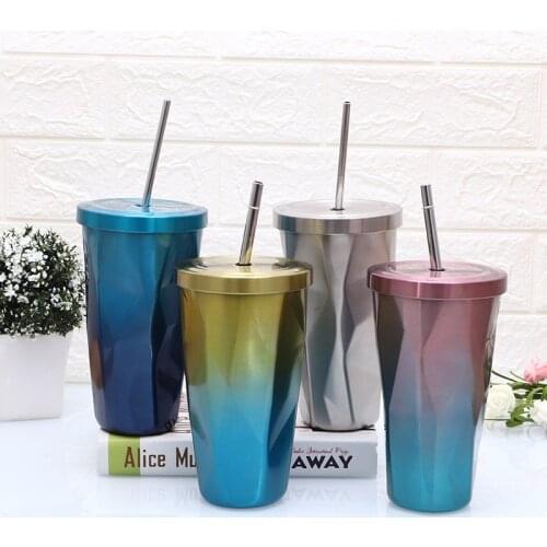 500ml Stainless 304 steel mug Double wall car cup Metal drinking coffee mugs Thermal water wine cups with lid and straw drinkwar