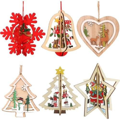 Happy New Year Decoration 2D 3D Wooden Hanging Pendants Star Xmas Tree Bell Wood Christmas Tree Toy Ornaments Decor For Home