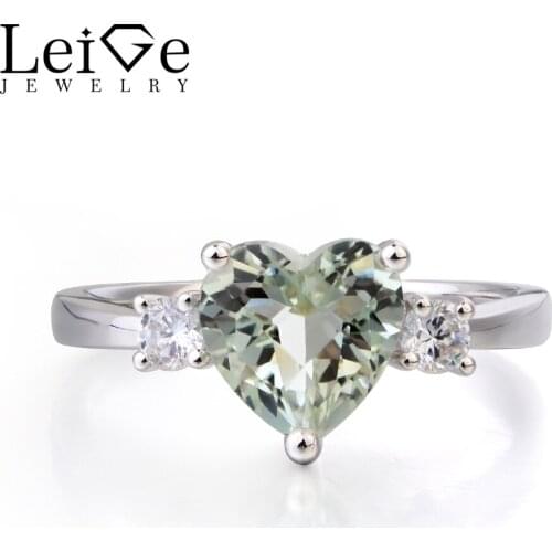 Leige Jewelry Natural Green Amethyst Ring Anniversary Ring Heart Cut Gemstone Solid 925 Sterling Silver Ring Three Stones Ring