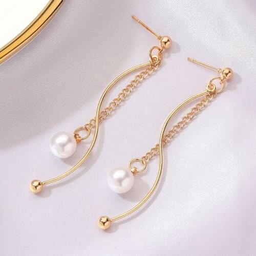 Imitation Pearl Hanging Pendant Earrings for Women Gold Color Long Tassel Wave Chain Earrings Geometric Fashion Jewelry Brincos