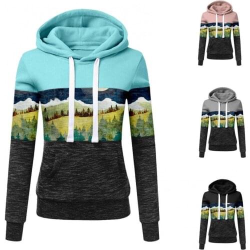 Women Sweatshirt Autumn Winter Long Sleeve Color Block Mountain Print Hoodie Leisure Oversize Pullovers Korean Style Warm 2021