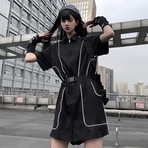 Casual pants women 2020 new summer Korean version of reflective black jumpsuit loose short sleeve five points shorts tide