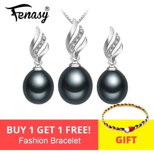 FENASY Nice Natural Pearl Jewelry Sets 925 Sterling Silver Natural Pendant Necklace For Women Crystal Stud Earrings Set Wedding