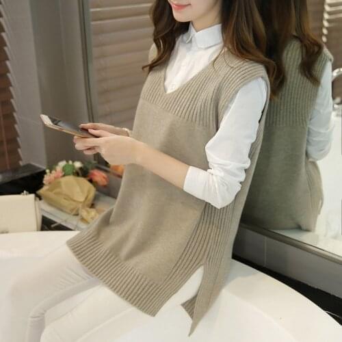 2021 Spring Autumn Wool Sweater Vest Women Sleeveless V-Neck Knitted Vests Long Sections Poullover Vest Female Jumper Pull Femme