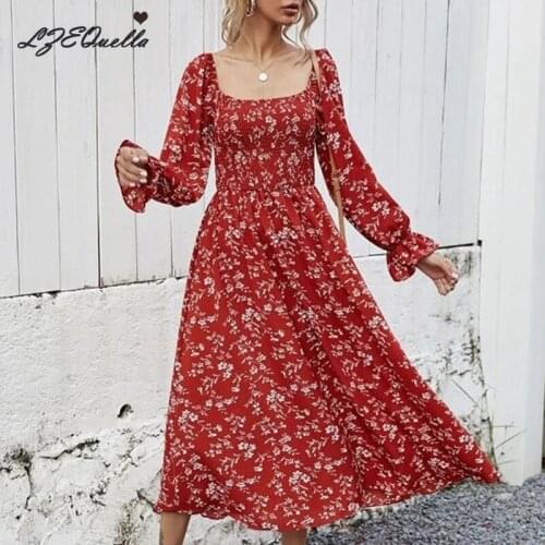 LZEQuella Women Sexy Square Collar Backless Print Long Sleeve Dress Summer Holiday Beach Floral Boho Dresses Vestidos NZ3533