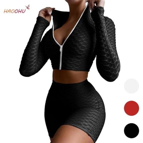 2021 2 Piece Suit Long Sleeve Navel Zipper Stretch Top+Elastic High Waist Skinny Women Sports Shorts Casual Yoga Fitness HAOOHU