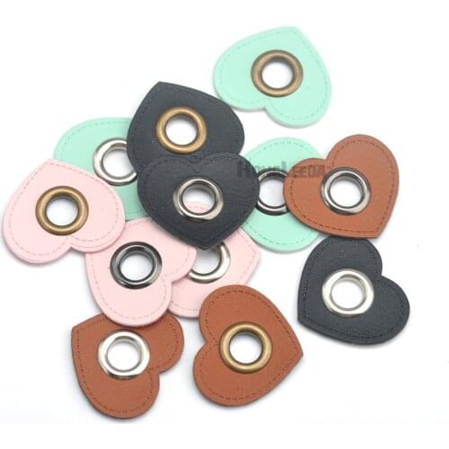 30pcs/lot HEART black/brown PU leather sew on Badges patch labels + inner 8mm metal brass eyelets grommets free ship