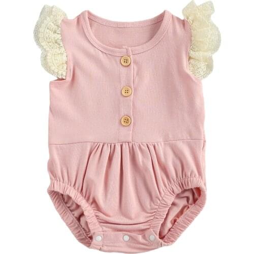 Baby girl Infant Lace Flying Sleeve Romper Button Folding Decoration Elastic Summer Clothing 0-18M