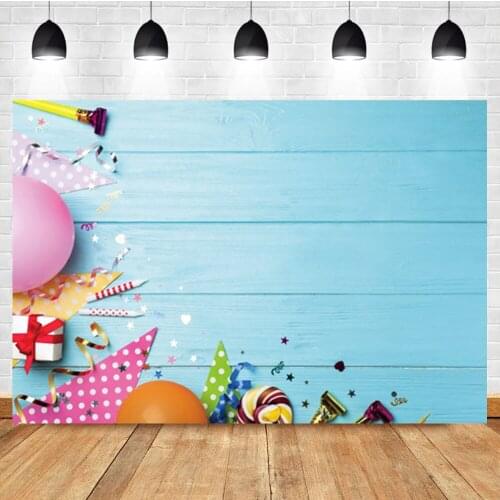 Laeacco Baby Birthday Portrait Background Blue Wooden Board Balloon Gift Custom Photographic Photo Backdrop For Photo Studio