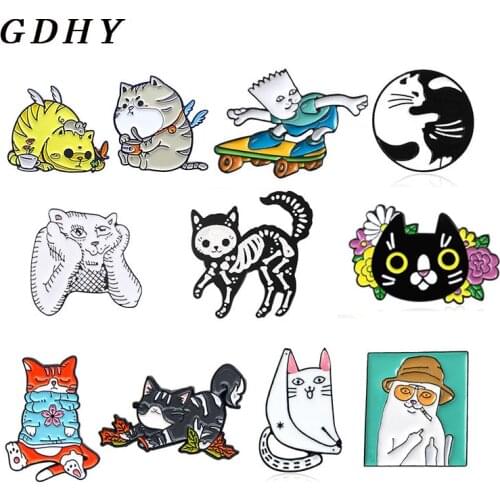 GDHY Cute Cat Brooch Skeleton Skate Hugging Cats Black White Yin Yang Tai Chi cats Fat Gray Cat Enamel Pins Animal Lovers Badges