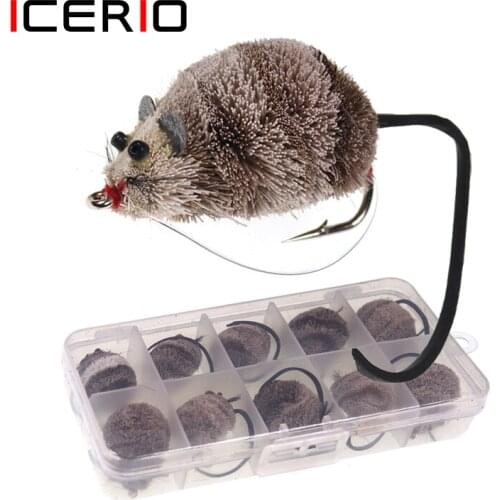 ICERIO 10 Piece/box Fly Tying Hook Deer Hair Mouse Fly Topwater Lures Poppers Trout Bass Pike Fishing Fly Bait