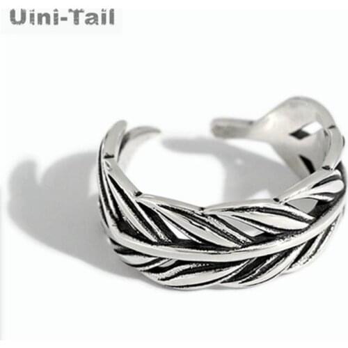 Uini Tail new design hot sale 925 sterling silver retro personality hollow feather ring simple creative cold wind leaf ring