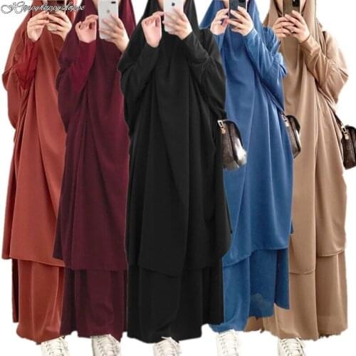 Ramadan Sets for Women Muslim Full Body Hooded Long Khimar Dress 2 Piece Abaya Kaftan Prayer Jilbab Overhead Burqa Robes