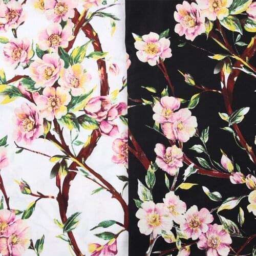 LEO&LIN Black White Diy Craft Cloth Fabric Retro Garment Printing Fabric Action Ink Plum Peach Blossom Cotton Tissus 50cm
