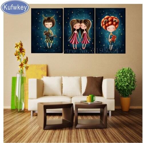 3 pcs 5d DIY Diamond Painting cartoon Kawaii girl Full Square diamond Embroidery Cross Stitch diamond Mosaic triptych Home Decor