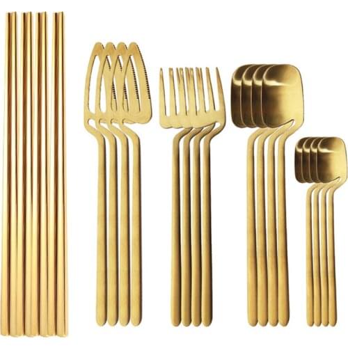 16/20PCS Covered Golden Creative Stainless Steel Cutlery Tableware Set Knife and Fork Dinning Chopsticks Dinnerware Kitchen Sets