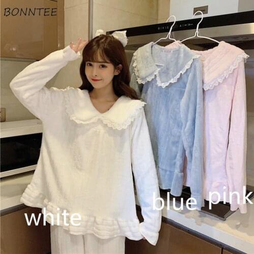 Pajama Sets Women Winter Thicker Plus Velvet Flannel Princess Style Sweet Kawaii Female Nightclothes Home Comfortable Warm Ins