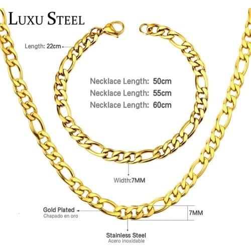 LUXUSTEEL Stainless Steel Sets Gold Color Rolo Cuban Link Chains Bracelets Sets Women Men Width 7mm Big Long Necklaces Hiphop