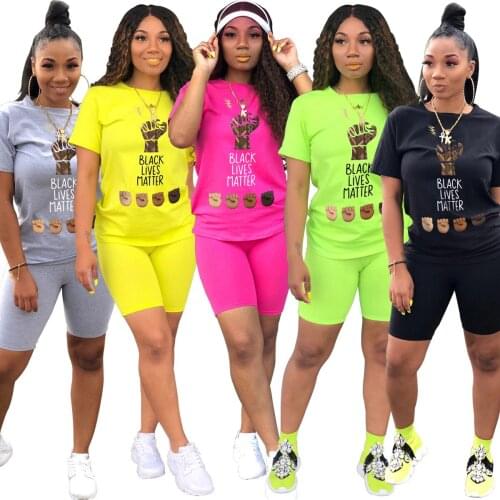 CM.YAYA Sport Women Black Lives Matter Letter Two Piece Set T-Shirt Shorts Jogger Pants Suit Tracksuit Matching Set Outfit