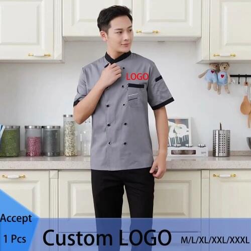 DIY LOGO Unisex Chef Uniform Restaurant Bakery Kitchen Work Wear Clothing Short Sleeve Breathable Cook Jackets Patchwork Overall