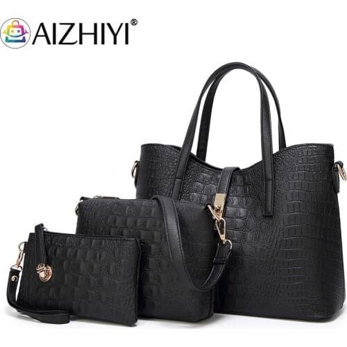Vintage Women PU Leather Alligator Pattern Embossed Simple 3pcs Composite Bags Shoulder Messenger Crossbody Bag Handbag Clutches