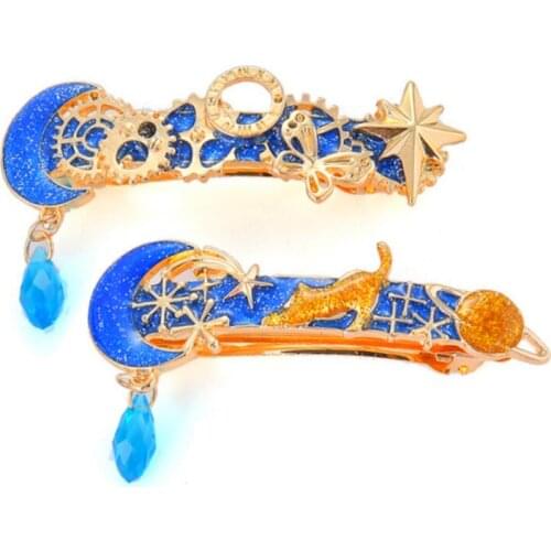 Blue Enamel Barrettes Women Girls Fashion Crystal Hairpins Gold Color Planet Moon Star Hair Clip Party Wedding Hair Accessories