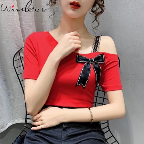 Summer European Clothes Cotton T-Shirt Chic Sexy Skew Collar Off Shoulder Diamonds Bowknot Women Tops Short Sleeve Tees T15506A