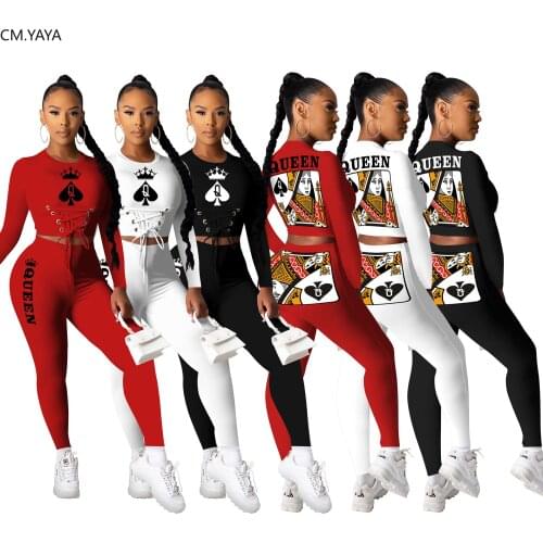 CM.YAYA Black Queen Spade Q Women Lace Up Waist Tee Tops Pencil Pants Suit Active Wear Tracksuit Two Piece Set Fitness Outfits