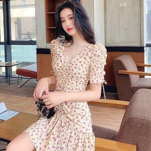 2021 Summer Short Dress Women Waist Draw Rope Thin Fishtail V-neck Printed Floral Dress Women