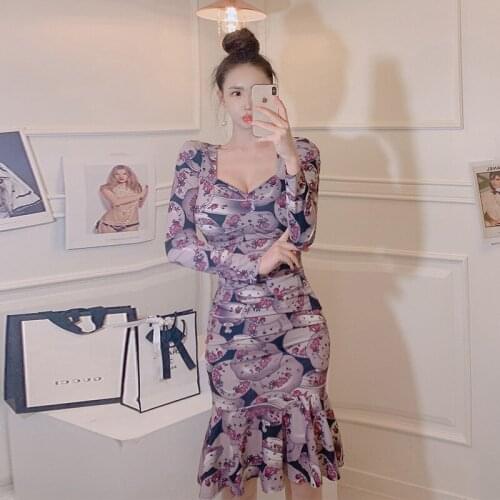 New arrival fashion spring midi bodycon dress women OL temperament sexy low-cut v-neck print floral ruffle slim mermaid dress