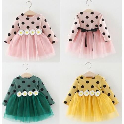3D Floral Patchwork Dress Toddler Kids Baby Girl 0-3T Casual Polka Dot Princess Long Sleeve Dresses Floral Lace Tulle Dress