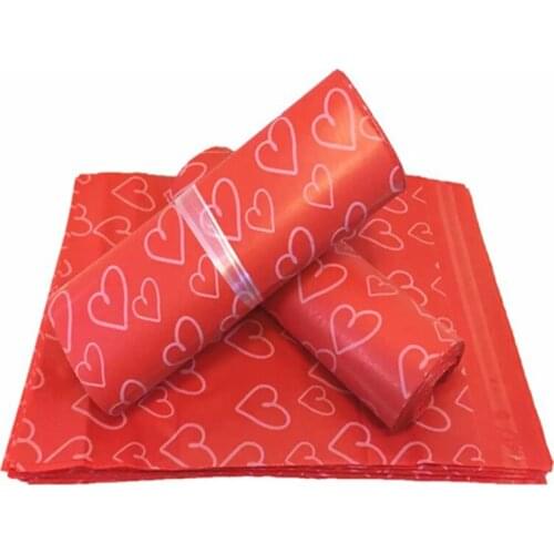50Pcs 4 Sizes Red Plastic Shipping Bag Heart Print Poly Mailer Waterproof Courier Bags Self Adhesive Packaging Storage Pouches