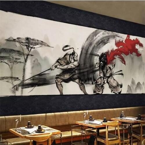 Beibehang New Chinese ukiyoe warrior duel landscape restaurant tooling wall custom large mural green wallpaper papel de parede