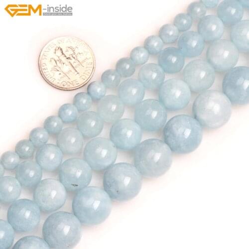 Gem-inside Natural 6-12mm Smooth Round Stone Beads Aquamarine Color Blue Jades Beads For Jewelry Making Beads 15inch DIY Beads