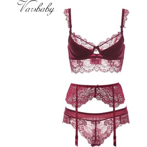 Varsbaby Ladies Lace Underwire Ultra-Thin Hollow Adjusted-Straps Bra Sets 3 Pcs/Lots