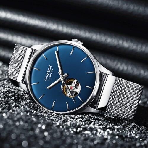 CADISEN New Mens Watches MIYOTA 82S0 Movement Top Brand Luxury Hollow out Automatic Mechanical Business Clock Blue Watch Men