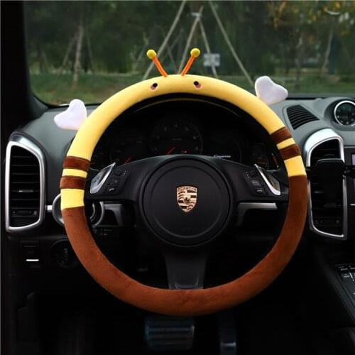 Car cartoon steering wheel cover cute winter plush handle gloves case auto anti slip and warm steering wheel covers bee cat dog