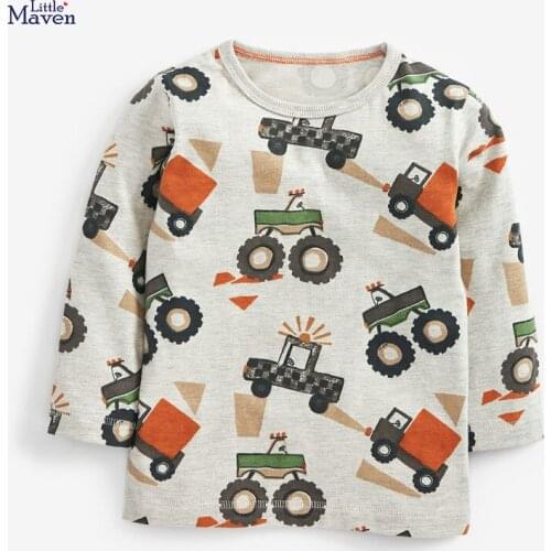 Little Maven New Autumn Spring Kids Gray Trunk Printed O-neck Full- sleeved Cotton Knitted Boys Casual Tshirts Tops