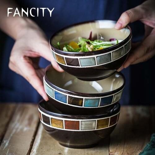 FANCITY Retro ceramic tableware rice bowl soup bowl porridge bowl underglaze salad bowl dessert bowl small bowl