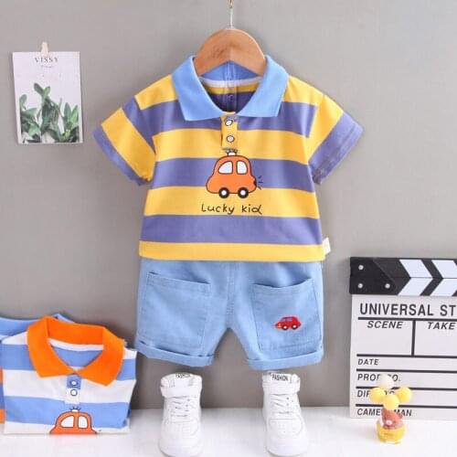 New Children Fashion Baby Boys Girls Cartoon Strips T-Shirt Denim Short Jeans 2Pcs/sets Kids Infant Casual Clothes Toddler Suits