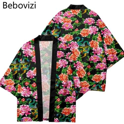 Red Blue Flowers Street Fashion Beach Japanese Kimono Robe Cardigan Men Shirts Yukata Haori Womens Clothing Kimono Pant Suit