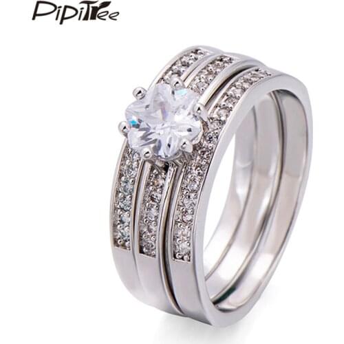 Pipitree 3pcs/set Women Wedding Ring Set Copper Flower Cut Clear CZ Zircon Promise Engagement Rings female Couple Jewelry Band
