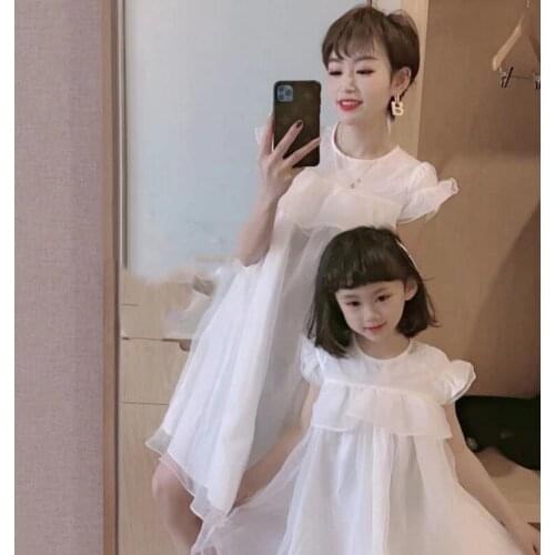 Summer Mother and Daughter Dress Family Matching Outfits Korean Fly Sleeve Net Yarn Princess Dress for Mom and Girls Family Look