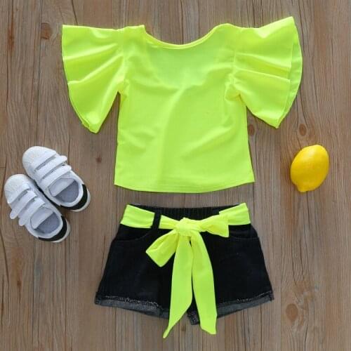 2019 Summer Girls Clothing Sets Fluorescent Color Short Sleeve Tops+Denim shorts Baby Girl Clothes