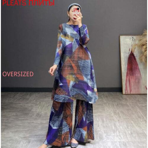 Miyake Fold New Temperament Goddess Suit European and American Style Plus Size Two-piece Set Female Trousers Suit Dress Suit