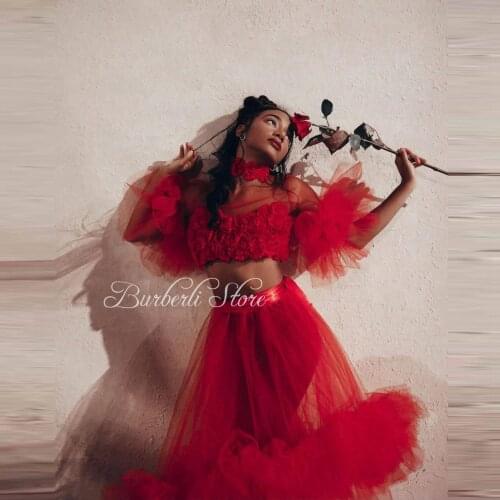 High Fashion Red 2 Pieces Women Dresses Summer Ruffles Tiered Puffy Tulle Dresses Sexy See Thru Flowers Women Party Dress