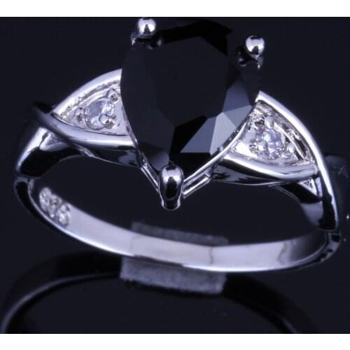 Fancy Pear Black Cubic Zirconia White CZ Silver Plated Ring V0108