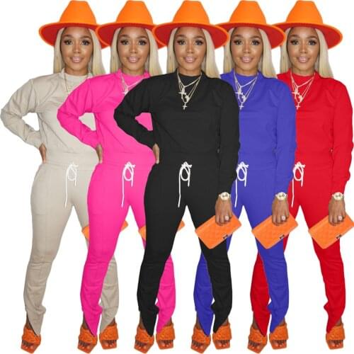 Autumn Winter Women Solid Color 2 Piece Set T-Shirts Drawstring Pants Sportwear Matching Set Workout Sweat Women Jogging Suit