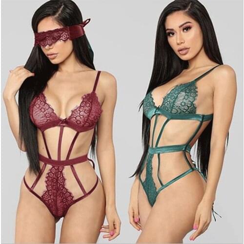Backless Halter Lace Masks And Sexy Bodysuit Transparent Female Body Hot Sexy Teddies 2020 Jumpsuits Women Deep V Sheer Bodysuit